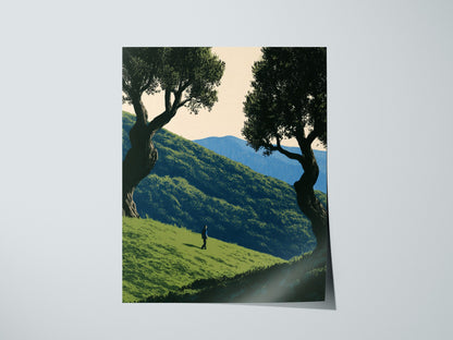Child Climbs Green Slope Poster | Green and Sage Illustrative Art Print | Kids Room Wall Art — print detail on fine art paper
