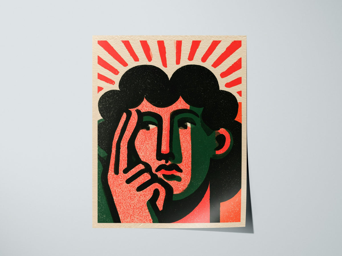 Thinker Touches Temple Poster | Coral and Green Screen Print Art Print | Modernist Wall Art — print detail on fine art paper