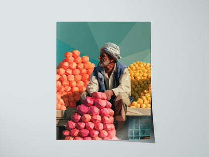 Fruit Seller Waits Poster | Navy and Hot Low Poly Art Print | Kitchen Wall Art — print detail on fine art paper
