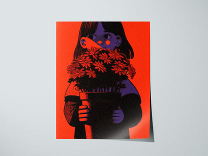 Girl Holds Blooms Poster | Coral and Purple Illustrative Art Print | Kids Room Wall Art — print detail on fine art paper