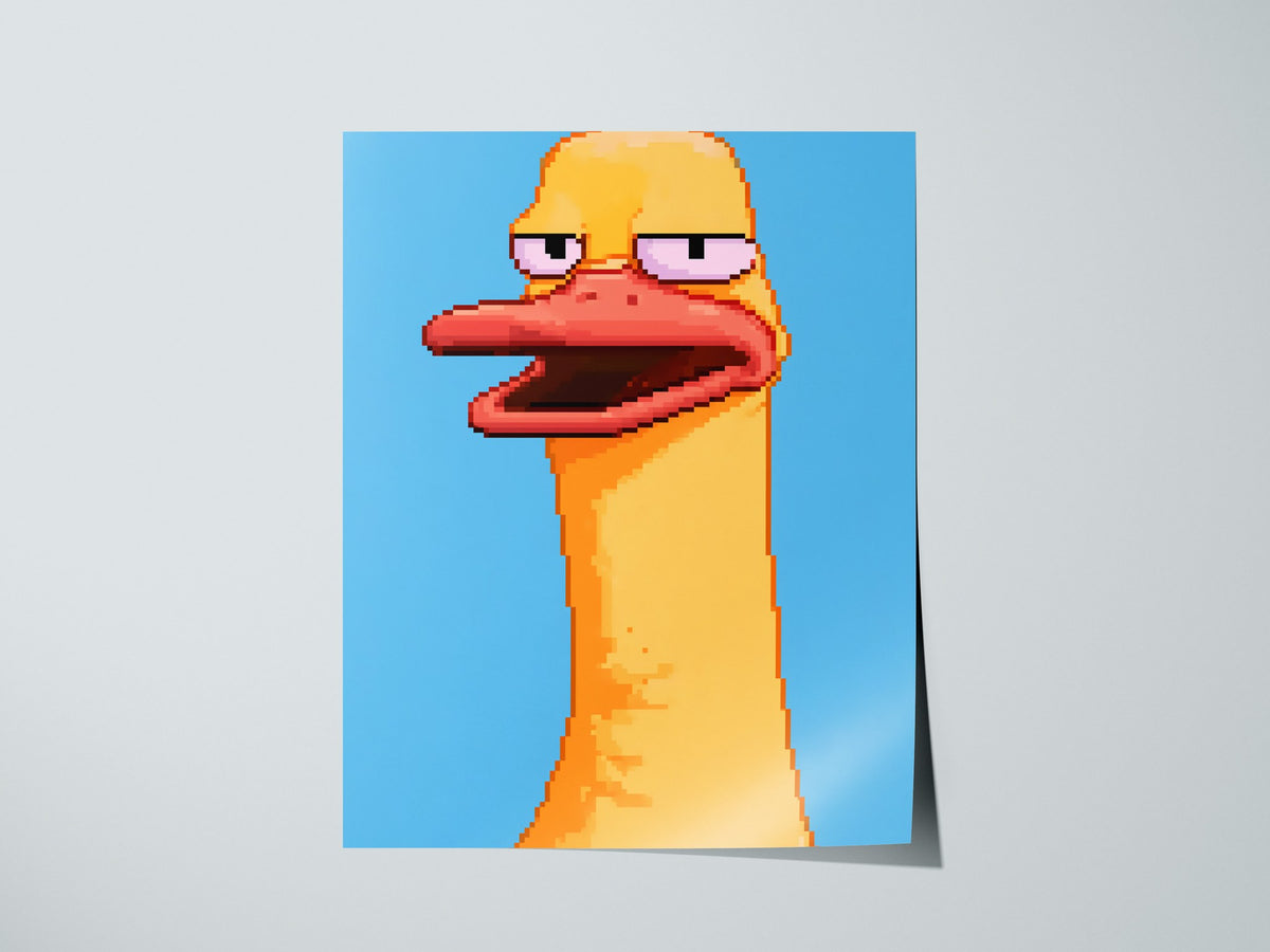 Tired Duck Portrait Poster | Pink and Yellow Pixel Art Print | Gaming Wall Art — print detail on fine art paper