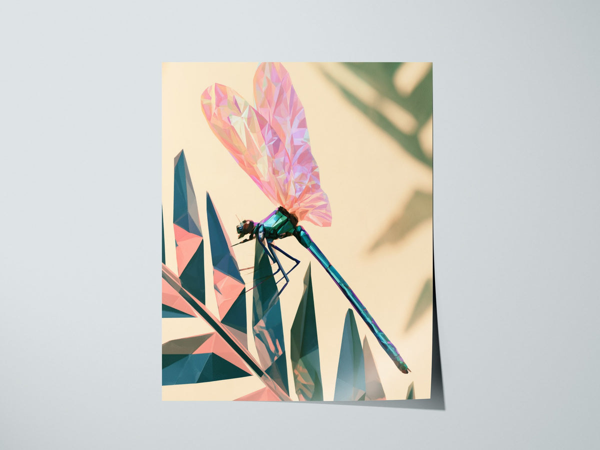 Damselfly Lands Crystal Poster | Teal and Lavender Low Poly Art Print | Modern Minimalist Wall Art — print detail on fine art