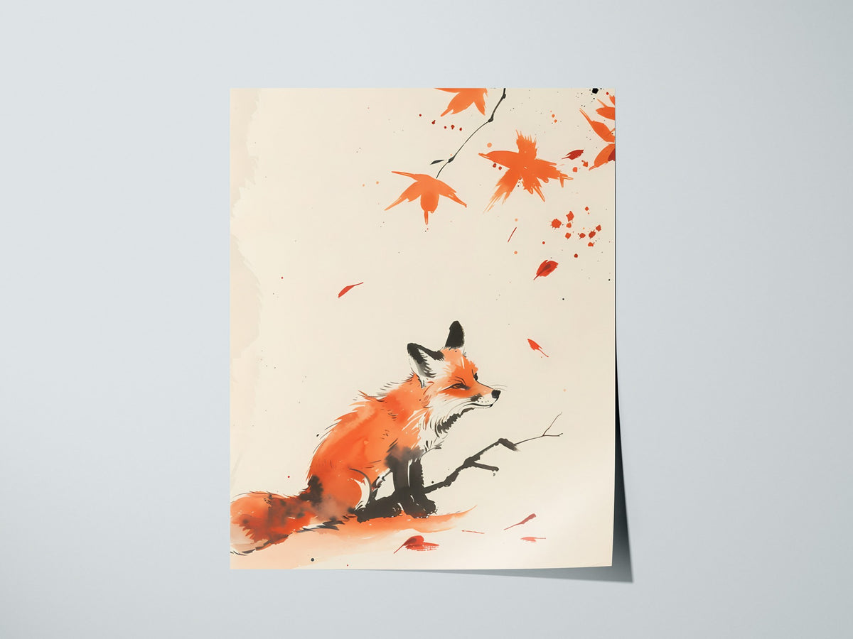 Autumn Visitor Poster | Rust and Sepia Japanese Watercolor Art Print | Minimalist Wall Art — print detail on fine art paper