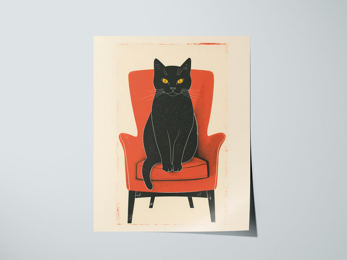 Black Cat in Red Chair Poster | Coral and Black Flat Design Art Print | Cat Lover Wall Art — print detail on fine art paper