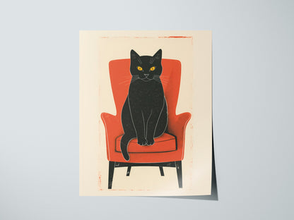 Black Cat in Red Chair Poster | Coral and Black Flat Design Art Print | Cat Lover Wall Art — print detail on fine art paper
