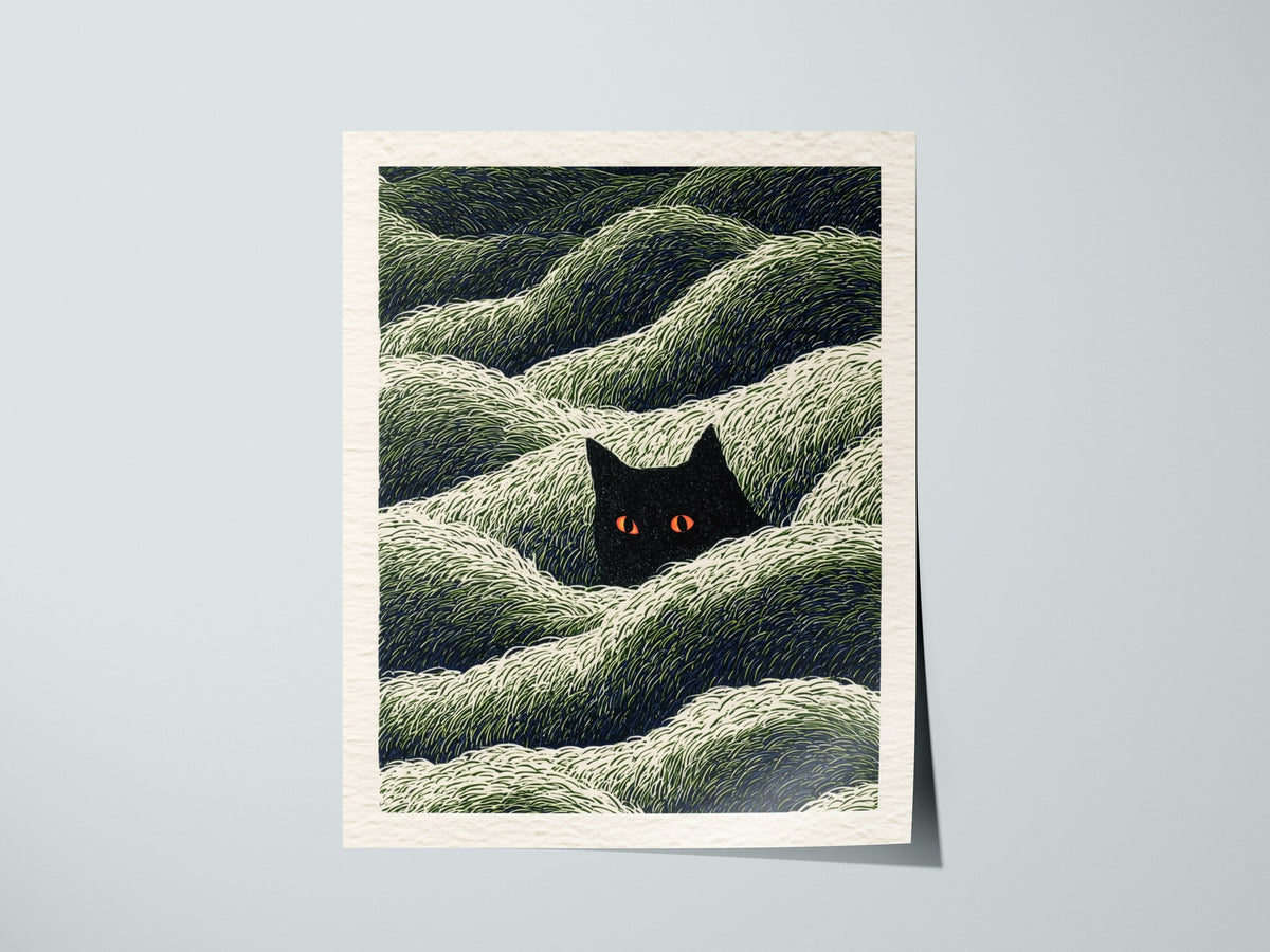Cat Lurks Deep Poster | Green and Black Pen and Ink Art Print | Dark Fantasy Wall Art — print detail on fine art paper