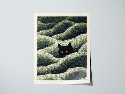 Cat Lurks Deep Poster | Green and Black Pen and Ink Art Print | Dark Fantasy Wall Art — print detail on fine art paper