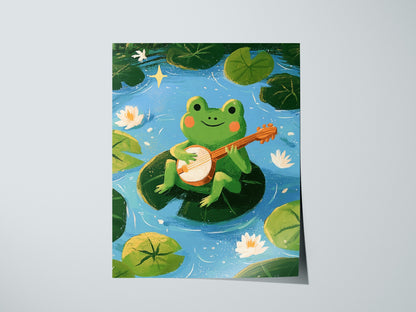 Frog Plays Banjo Poster | Lime and Teal Cute Art Print | Kids Room Wall Art — print detail on fine art paper