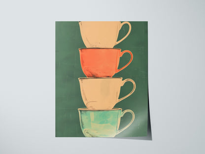 Stacked Teacups Poster | Coral and Teal Screen Print Art Print | Kitchen Wall Art — print detail on fine art paper