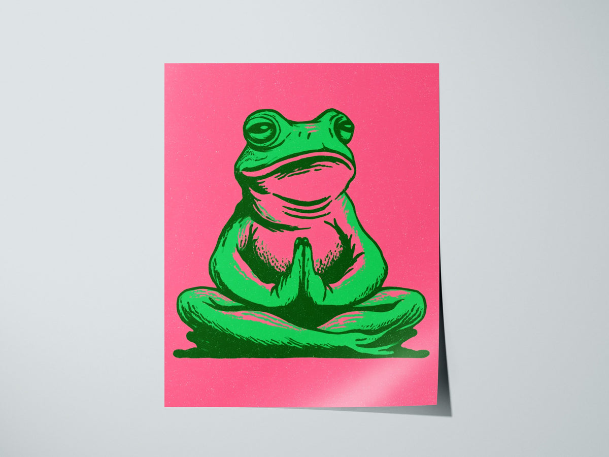Toad Finds Peace Poster | Green and Pink Illustrative Art Print | Meditation Wall Art — print detail on fine art paper