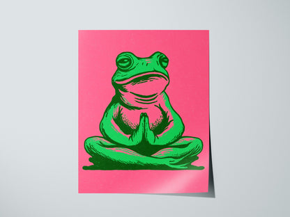 Toad Finds Peace Poster | Green and Pink Illustrative Art Print | Meditation Wall Art — print detail on fine art paper