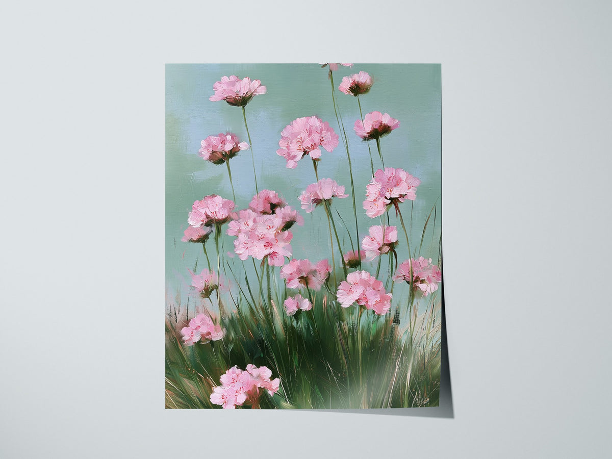 Thrift Blooms Sage Poster | Pink and Sage Oil Painting Art Print | Cottagecore Wall Art — print detail on fine art paper