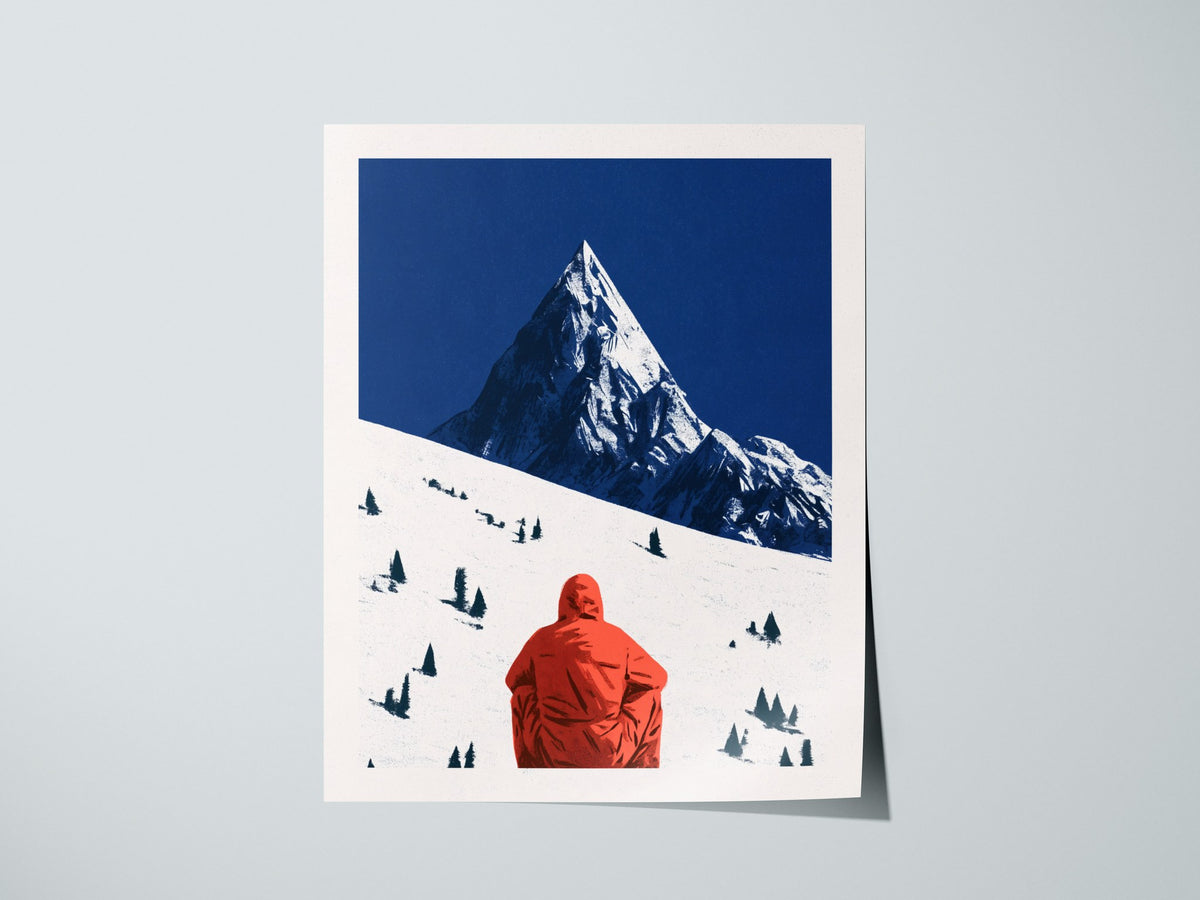 Alone Before Summit Poster | Pink and Cobalt Illustrative Art Print | Adventure Wall Art — print detail on fine art paper