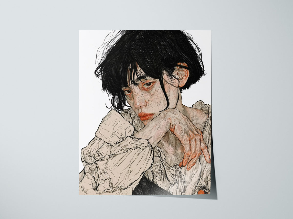resting-hands Poster | Black and White Pen and Ink Art Print | Dark Academia Wall Art — print detail on fine art paper