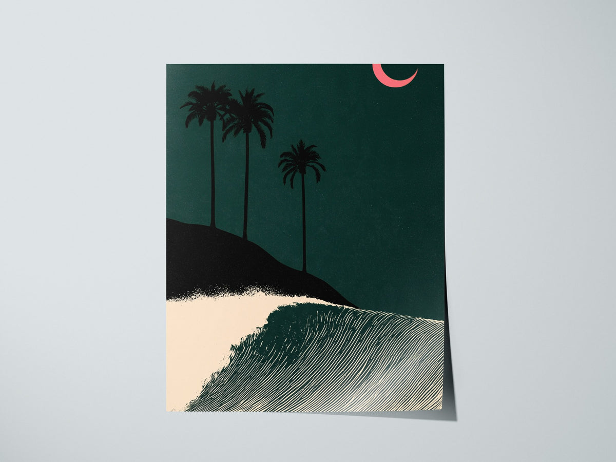 Moon Breaks Wave Poster | Green and Pink Screen Print Art Print | Surf Wall Art — print detail on fine art paper