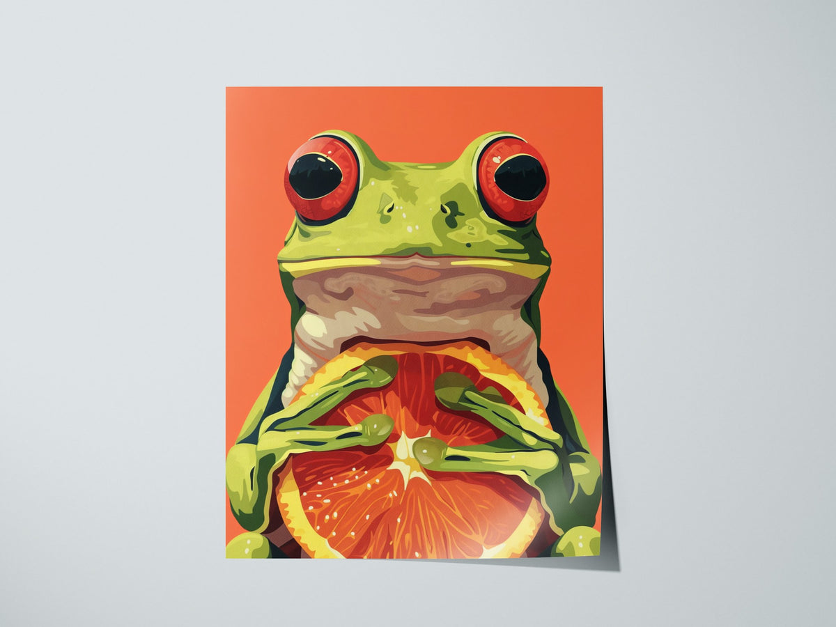 Frog with Orange Poster | Red and Green Flat Design Art Print | Kids Room Wall Art — print detail on fine art paper