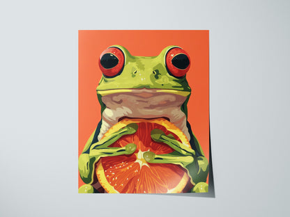 Frog with Orange Poster | Red and Green Flat Design Art Print | Kids Room Wall Art — print detail on fine art paper