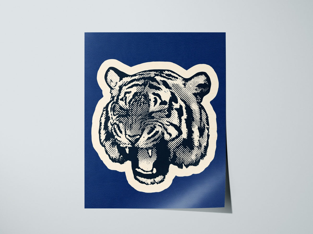 Tiger Roars Blue Poster | Navy and Cobalt Screen Print Art Print | Mid-Century Wall Art — print detail on fine art paper