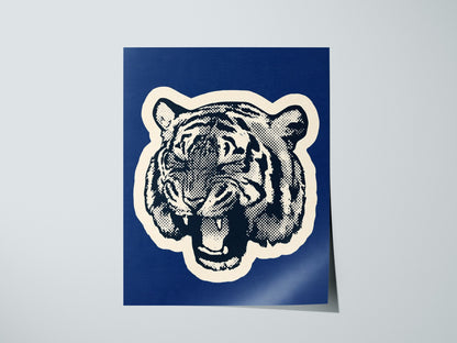 Tiger Roars Blue Poster | Navy and Cobalt Screen Print Art Print | Mid-Century Wall Art — print detail on fine art paper