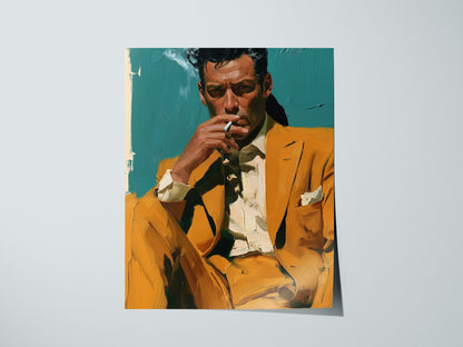 Man Lights Cigarette Poster | Teal and Mustard Oil Painting Art Print | Mid-Century Modern Wall Art — print detail on fine ar