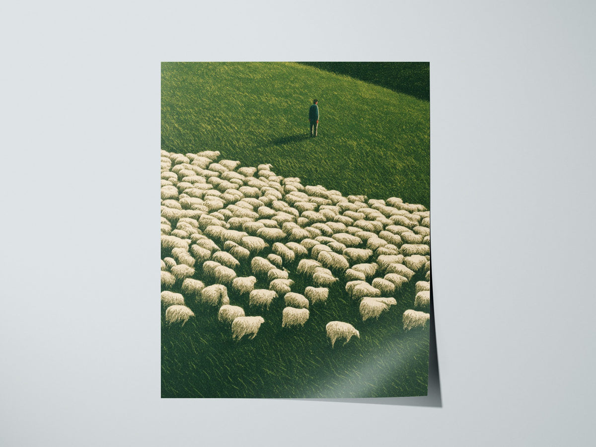 Shepherd Counts Flock Poster | Green and Cream Illustrative Art Print | Cottagecore Wall Art — print detail on fine art paper