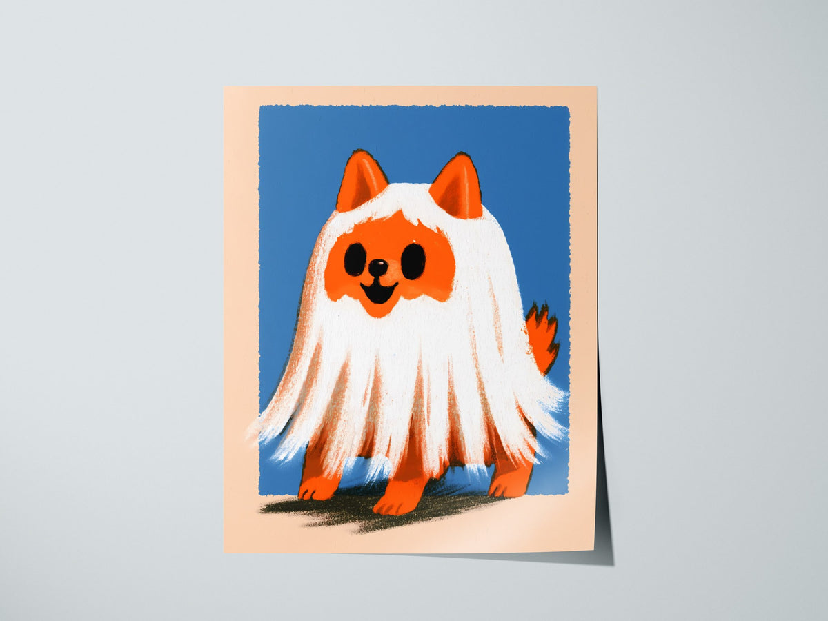 Ghost Dog Poster | Orange and Cobalt Illustrative Art Print | Kids Room Wall Art — print detail on fine art paper