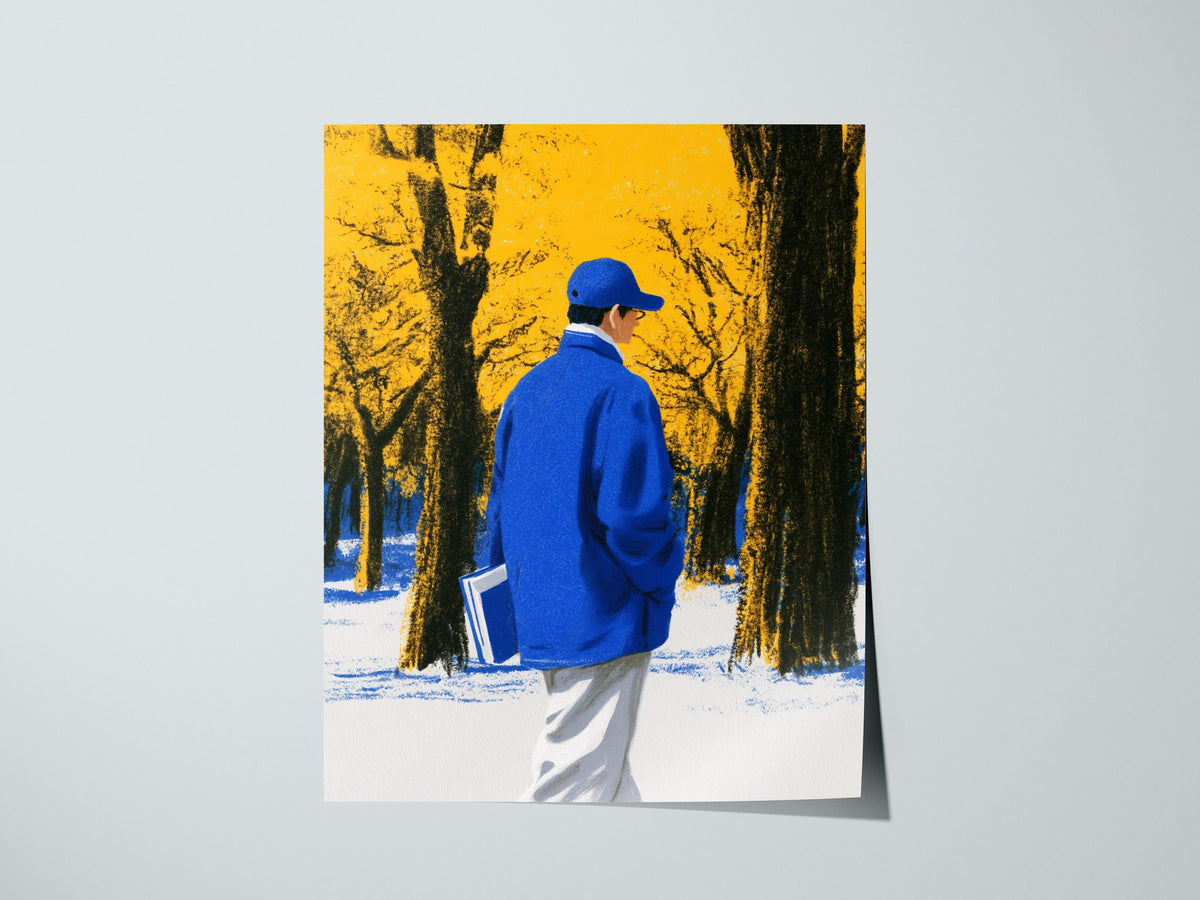 Reader Walks Blue Poster | Cobalt and Green Illustrative Art Print | Book Lovers Wall Art — print detail on fine art paper