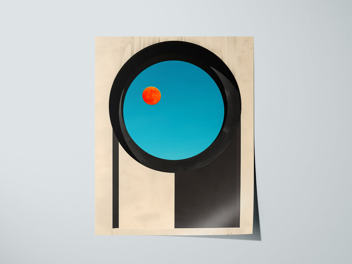 Circular Window Portal Poster | Cobalt and Orange Minimalism Art Print | Minimalist Wall Art — print detail on fine art paper