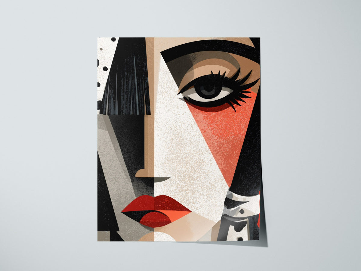 Cubist Woman Watches Poster | Black and Orange Abstract Art Print | Modernist Wall Art — print detail on fine art paper