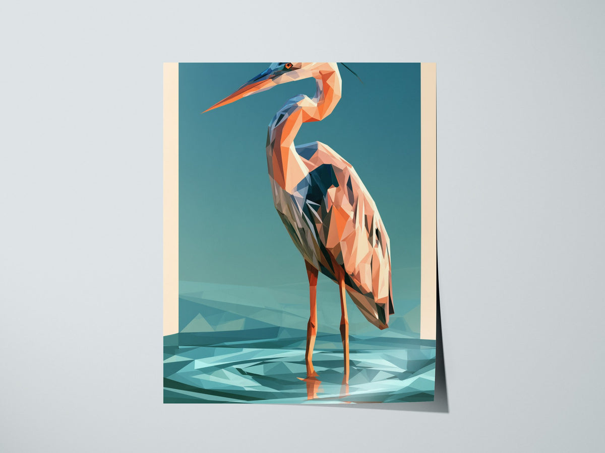 Heron Stands Lagoon Poster | Teal and Orange Low Poly Art Print | Modern Minimalist Wall Art — print detail on fine art paper