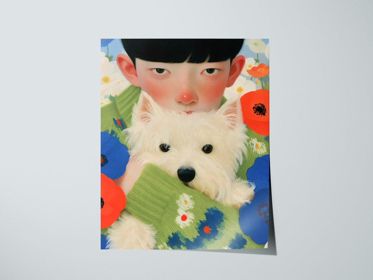 Boy With Westie Poster | Blue and Green Illustrative Art Print | Contemporary Wall Art — print detail on fine art paper