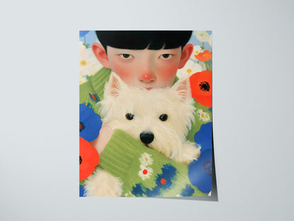 Boy With Westie Poster | Blue and Green Illustrative Art Print | Contemporary Wall Art — print detail on fine art paper