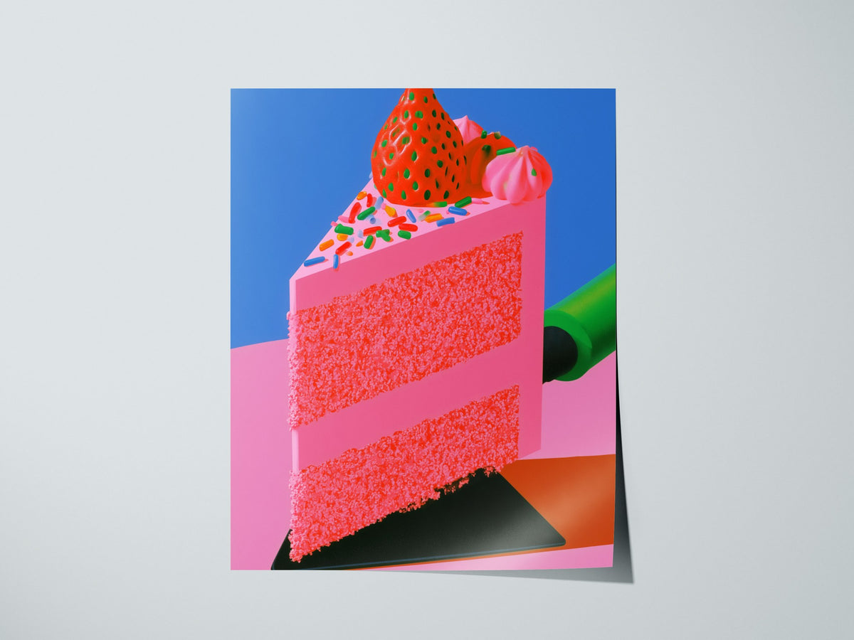 Frosted Layer Cake Poster | Pink and Cobalt Illustrative Art Print | Kitchen Wall Art — print detail on fine art paper