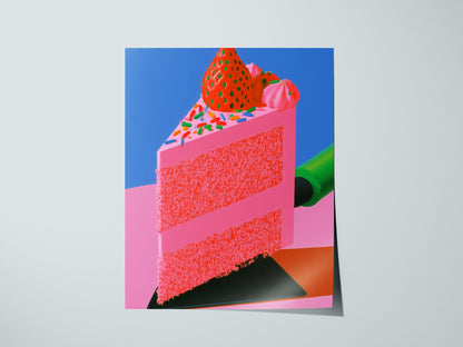 Frosted Layer Cake Poster | Pink and Cobalt Illustrative Art Print | Kitchen Wall Art — print detail on fine art paper