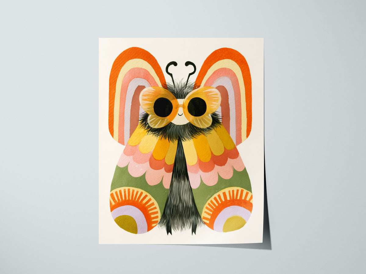 Moth Owns Rainbows Poster | Orange and Pink Illustrative Art Print | Kids Room Wall Art — print detail on fine art paper