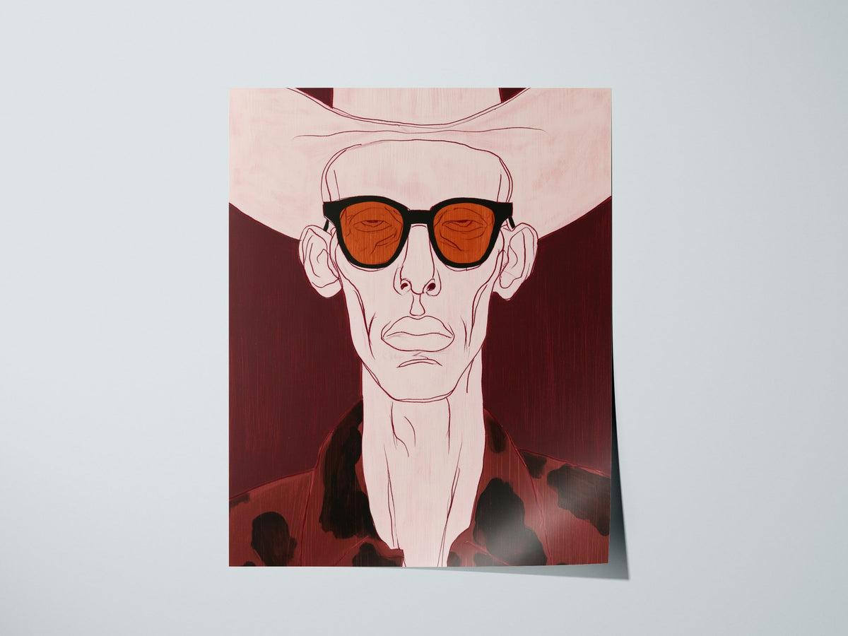 Cowboy Behind Shades Poster | Burgundy Red Illustrative Art Print | Western Gothic Wall Art — print detail on fine art paper