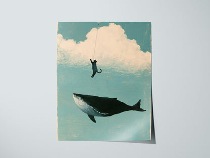 Cloud Fishing Poster | Blue and Cream Illustrative Art Print | Kids Room Wall Art — print detail on fine art paper