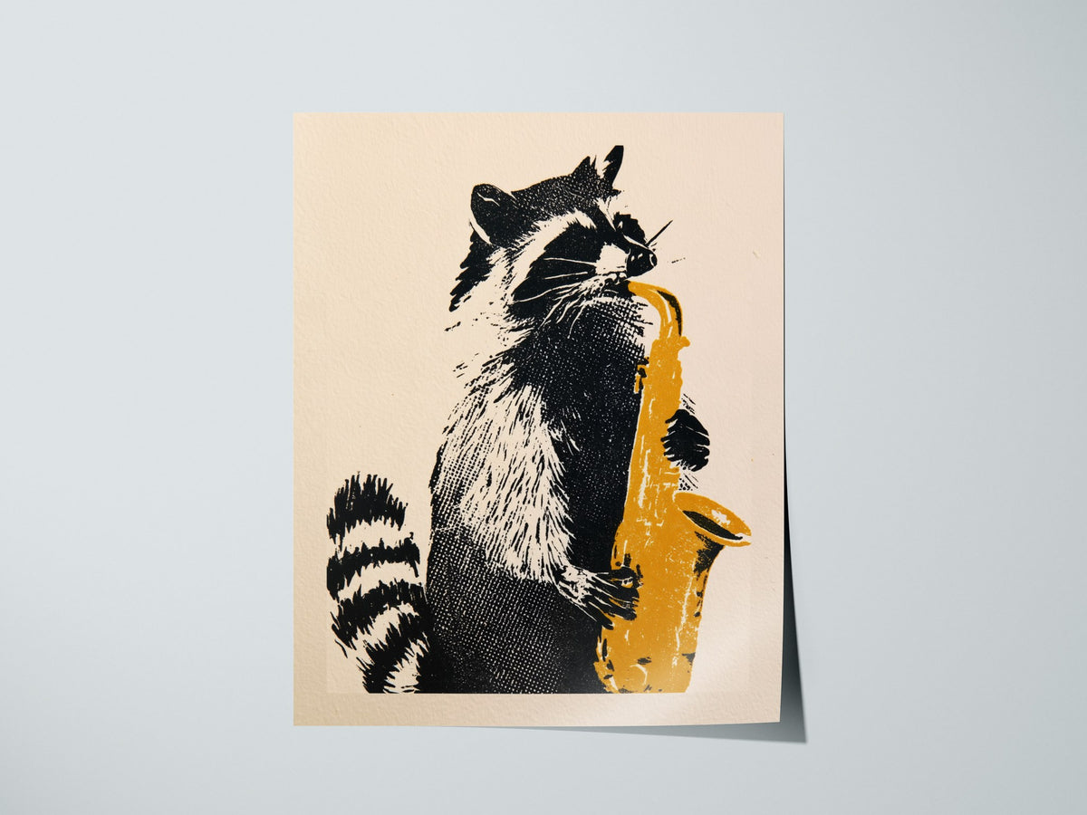 Raccoon Plays Saxophone Poster | Black and Yellow Screen Print Art Print | Music Lover Wall Art — print detail on fine art pa