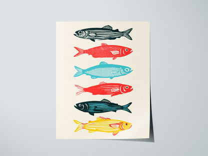six-swimming-fish Poster | Teal and Coral Screen Print Art Print | Coastal Wall Art — print detail on fine art paper