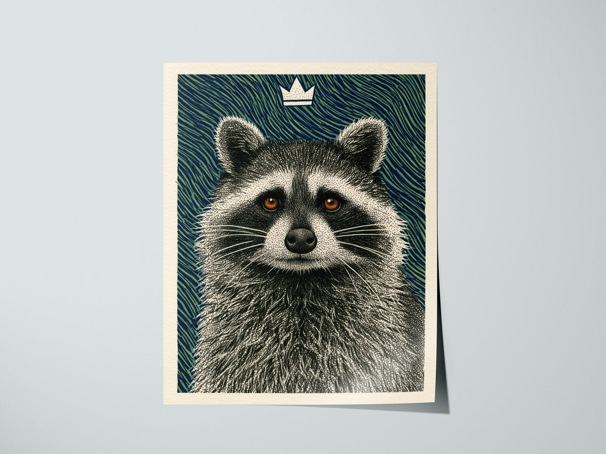 Raccoon Rules Stars Poster | Navy and Green Pen and Ink Art Print | Dark Academia Wall Art — print detail on fine art paper