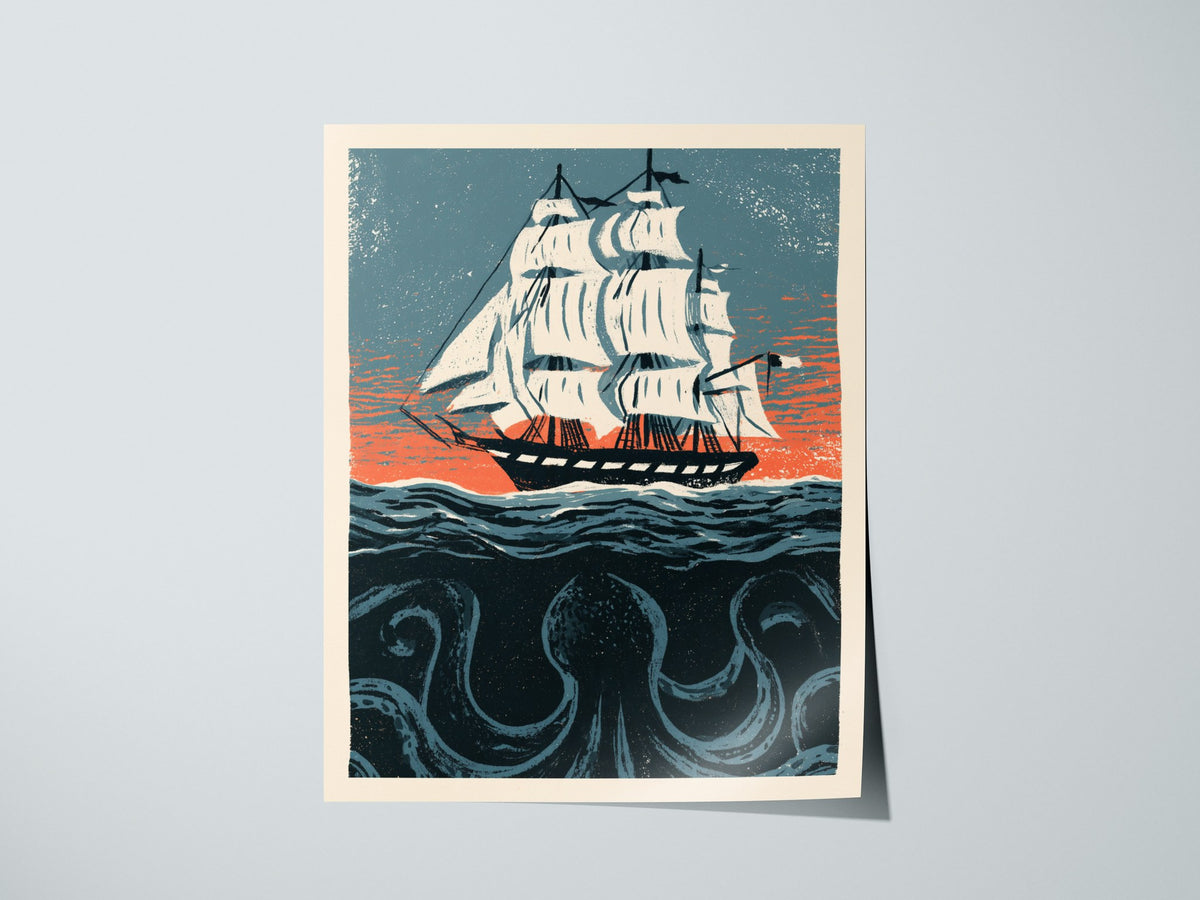 Kraken Under Sail Poster | Teal and Cream Illustrative Art Print | Nautical Folk Art Wall Art — print detail on fine art pape