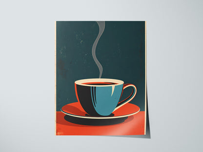 Cup and Saucer Poster | Cobalt and Coral Flat Design Art Print | Kitchen Wall Art — print detail on fine art paper