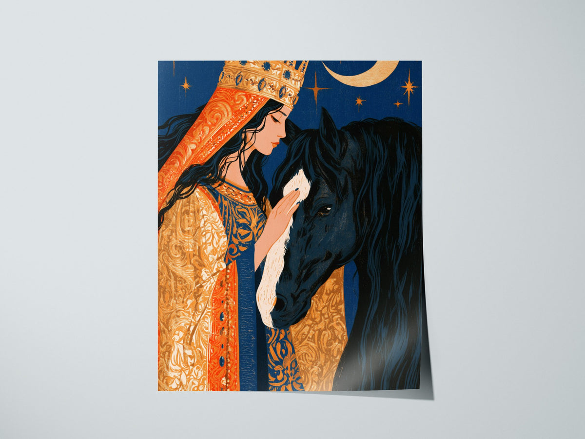 Queen Greets Night Poster | Gold and Midnight Illustrative Art Print | Dark Fantasy Wall Art — print detail on fine art paper