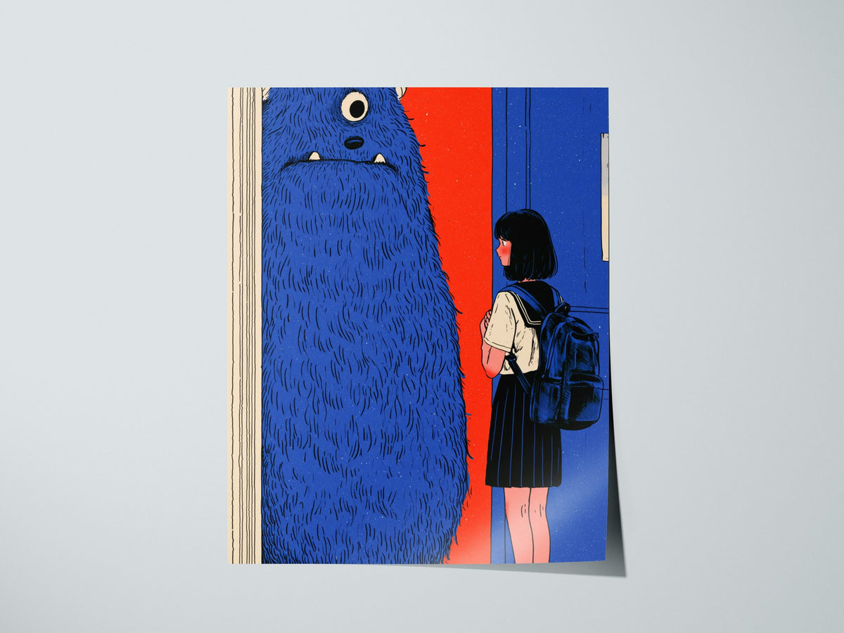 Monster Watches Class Poster | Blue and Orange Illustrative Art Print | Kids Room Wall Art — print detail on fine art paper