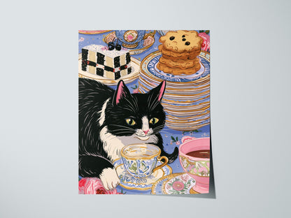 Cat Takes Tea Poster | Pink and Grey-Blue Illustrative Art Print | Kitchen Wall Art — print detail on fine art paper