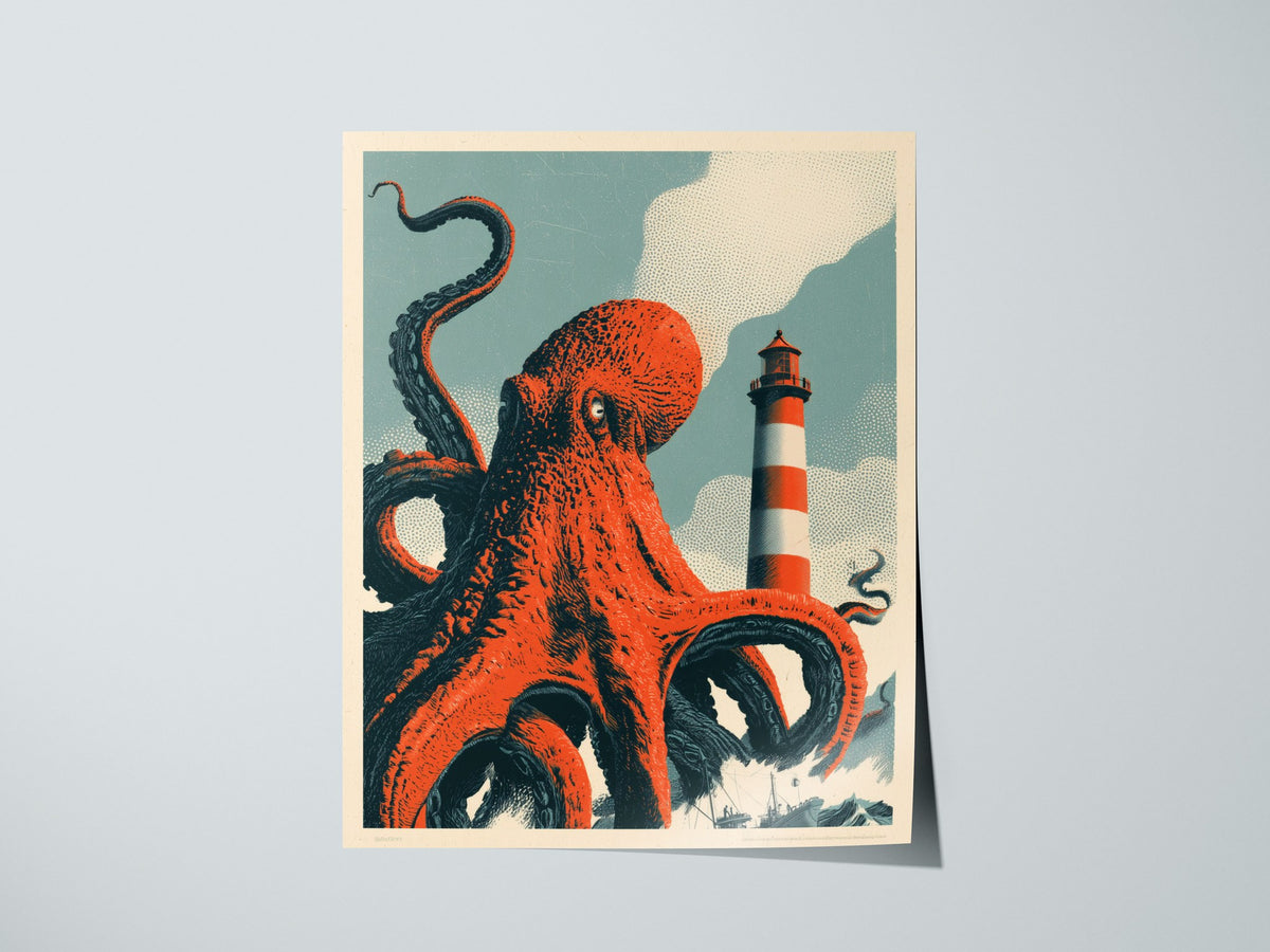 Octopus Finds Paradise Poster | Pink and Blue Screen Print Art Print | Retro Futurism Wall Art — print detail on fine art pap