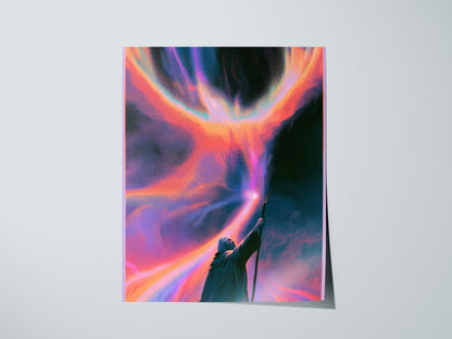 Wizard Channels Phoenix Poster | Cyan and Magenta Screen Print Art Print | Dark Fantasy Wall Art — print detail on fine art p