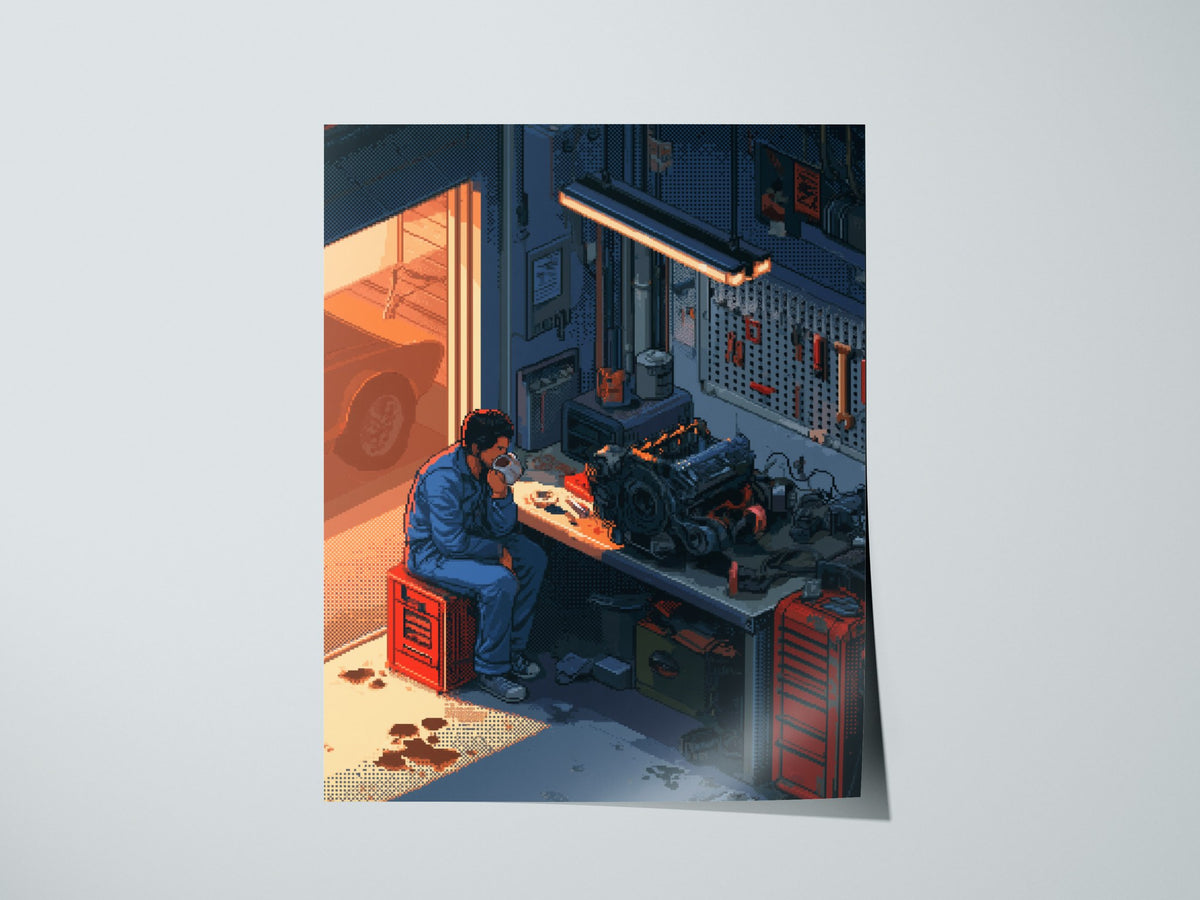 Mechanic Drinks Coffee Poster | Blue and Orange Pixel Art Print | Workshop Wall Art — print detail on fine art paper