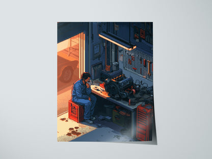 Mechanic Drinks Coffee Poster | Blue and Orange Pixel Art Print | Workshop Wall Art — print detail on fine art paper