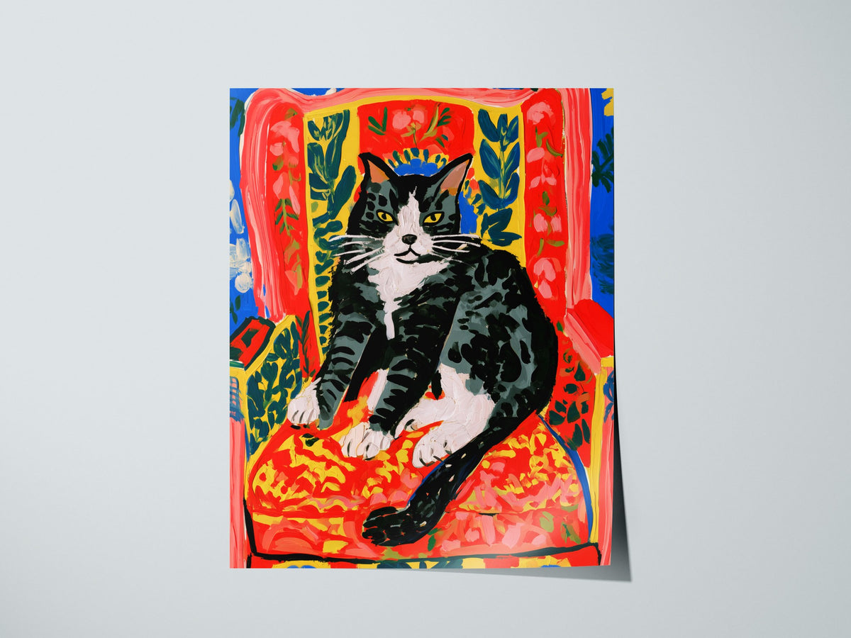 Cat Claims Chair Poster | Cobalt and Red Matisse Style Art Print | Cat Lover Wall Art — print detail on fine art paper